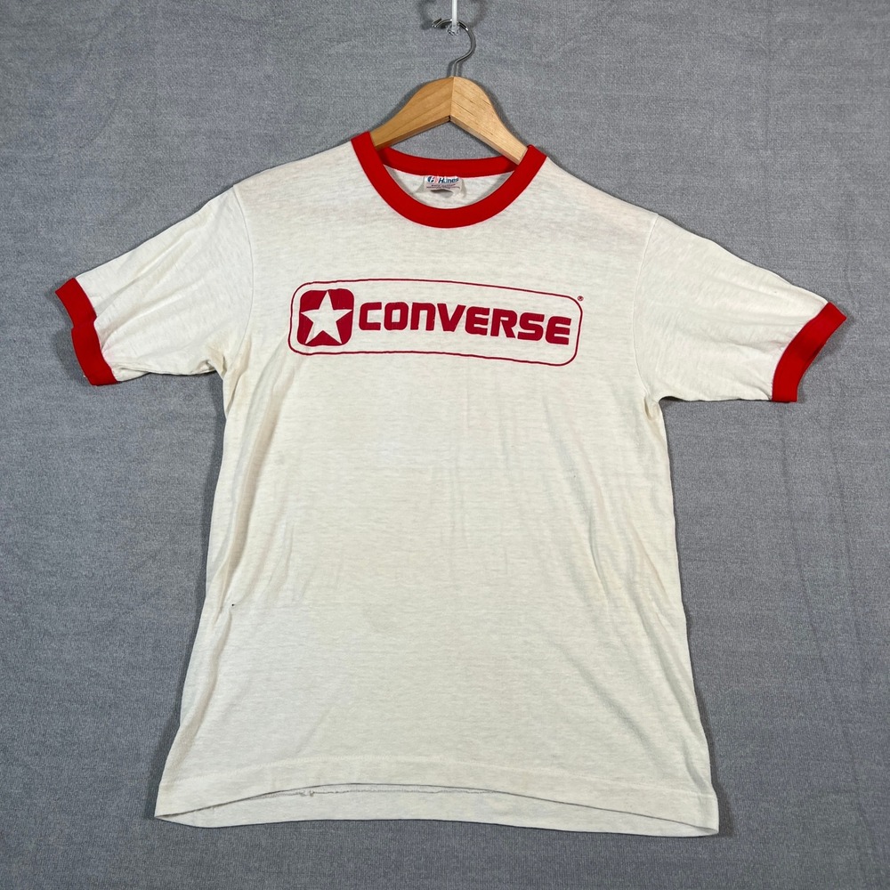 VTG Converse Ringer Graphic Logo Vintage T-Shirt Mens M White Red Cotton Blend